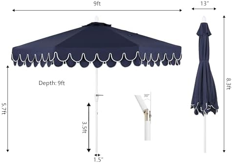 JONATHAN Y Tracy 9' Scalloped Market Patio Umbrella, Navy/White - Image 4