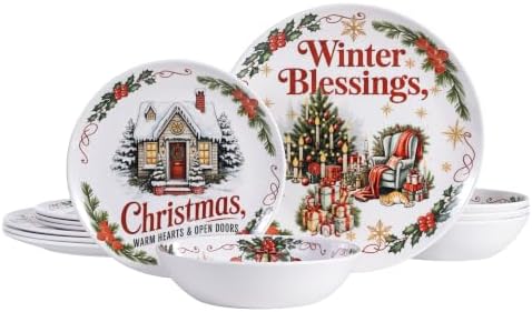 Vintage Christmas Dinnerware Set for 4, 12-Piece Melamine Dish Set by molidiki