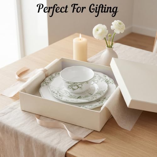 222 Fifth 12-Piece Porcelain Dinnerware Set for 4, Elegant Floral Plates and Bowls Sets-White/Green Ceramic Dishes, Chip Resistant Kitchen & Dining Dish Set, Microwave & Dishwasher Safe, Hudson Valley - Image 5