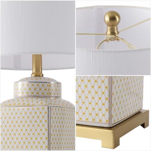 JONATHAN Y Cleo 21.5" Yellow & White Ceramic Table Lamp with Brass Base - Image 6