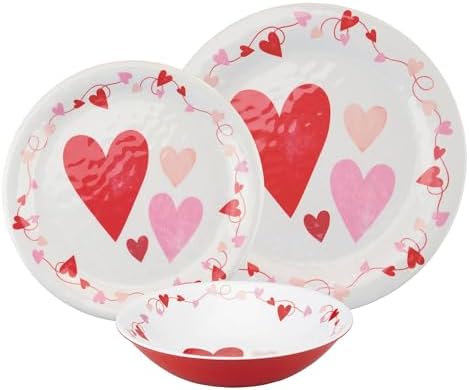 UPware 12 Piece Love Hearts Melamine Dinnerware Sets, Outdoor Dishes Set, Plates and Bowls Sets, Valentine's Day Decorations, Service for 4, Red - Image 2