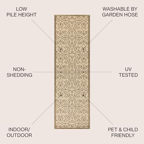JONATHAN Y Vintage Filigree Indoor Outdoor Runner Rug 2X10 Beige/Brown, Madrid Textured Weave for Backyard, Patio, Porch, Easy-Cleaning, High Traffic, Pet-Friendly, Non-Shedding (SMB107B-210) - Image 2