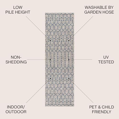 JONATHAN Y Moroccan Geometric Indoor Outdoor Runner Rug 2X10 Light Gray/Navy, Ourika Textured Weave for Backyard, Patio, Porch, Easy-Cleaning, High Traffic, Pet-Friendly, Non-Shedding (SMB108A-210) - Image 2