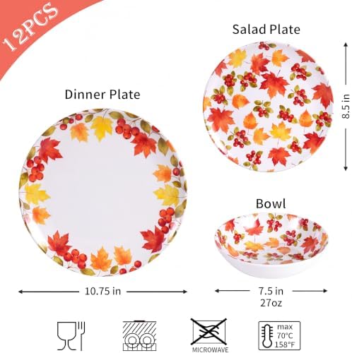 12-Piece Melamine Dinnerware Set, Fall Plates and Bowls Set - Image 2
