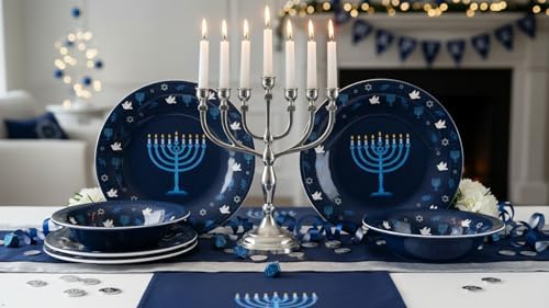 UPware 12 Piece Hanukkah Menorah Melamine Dinnerware Sets, Outdoor Dishes Set, Plates and Bowls Sets, Hanukkah Decorations, Service for 4, Indigo Blue - Image 2