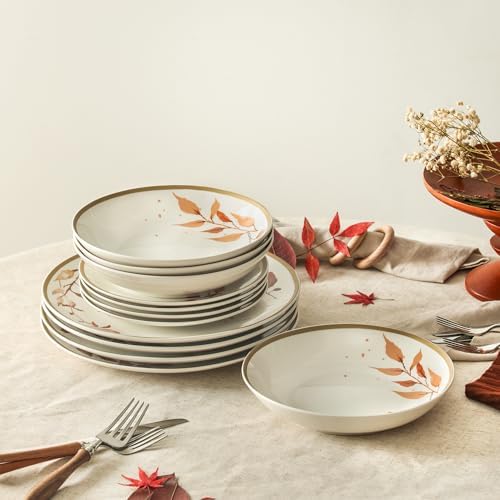 Stone Lain Maple 12-Piece Dinnerware Set Porcelain, Plates and Bowls Set, Dishwasher and Microwave Safe, Dish Set for 4, White - Image 6