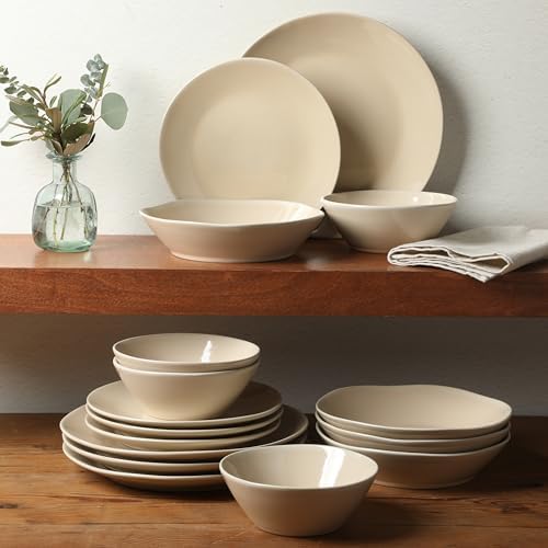 Bloomhouse - Two Time Oprah's Favorite Things Winner - Montecito Breeze 16 Piece (Service for 4) Double Plates and Bowls Stoneware Reactive Glaze Dinnerware Set - Marble Dawn Cream - Image 4