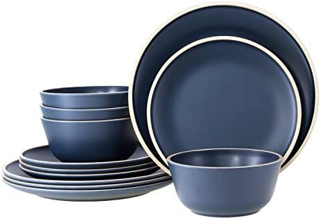 Melamine Dinnerware Sets for 4, Plates and Bowls Sets 12 Pcs, Melamine Plates, Nautical Dinnerware Sets, Modern Style,Dishwasher Safe, BPA Free, Suitable Indoor and Outdoor Use (Deep Blue) by Gufaith