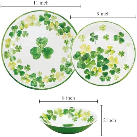 UPware 12 Piece Shamrocks Melamine Dinnerware Sets, Outdoor Dishes Set, Plates and Bowls Sets, St. Patrick's Day Decorations, Service for 4, Green - Image 4