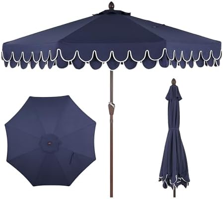 JONATHAN Y Tracy 9' Scalloped Market Patio Umbrella, Navy/Dark Brown by JONATHANY