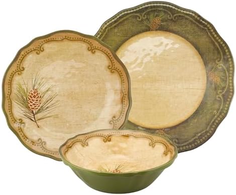 UP 12 Piece Woodland Pinecone Melamine Dinnerware Sets, Outdoor Dishes Set, Plates and Bowls Sets, Service for 4, Dark Green - Image 2
