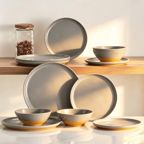 Melamine Dinnerware Set for 4, Unbreakable Plates and Bowls, Gray by Gufaith