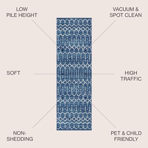 JONATHAN Y Boho Vintage Diamond Blue/White Runner Rug 2X10 ft, Moroccan Hype for Living Room, Bedroom, Kitchen, Office, Easy-Cleaning, High Traffic, Pet-Friendly, Non-Shedding (MOH101A-210) - Image 3