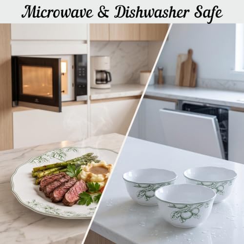 222 Fifth 12-Piece Porcelain Dinnerware Set for 4, Elegant Floral Plates and Bowls Sets-White/Green Ceramic Dishes, Chip Resistant Kitchen & Dining Dish Set, Microwave & Dishwasher Safe, Hudson Valley - Image 2