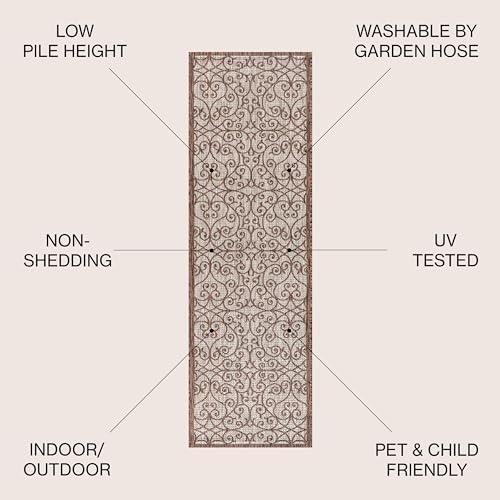 JONATHAN Y Vintage Filigree Indoor Outdoor Runner Rug 2X10 Taupe/Espresso, Madrid Textured Weave for Backyard, Patio, Porch, Easy-Cleaning, High Traffic, Pet-Friendly, Non-Shedding (SMB107C-210) - Image 2