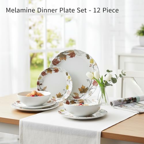 Melamine Dinnerware Set for 4, 12-Piece Fall Dishes, Yellow Maple Leaves - Image 6