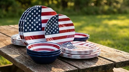 UPware 12 Piece American Flag Melamine Dinnerware Sets, Outdoor Dishes Set, Plates and Bowls Sets, Fourth of July Decorations, Service for 4, Patriotic Color - Image 2