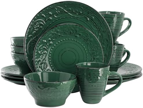 Elama Malibu Sea Glass 16-Piece Stoneware Embossed Pattern Reactive Glaze Dark Green Dinnerware Set, Tableware, Serveware Set (Sea Glass Green) by Elama