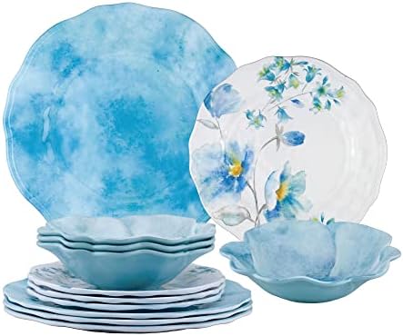 UPware 12 Piece Campanula Melamine Dinnerware Sets, Outdoor Dishes Set, Plates and Bowls Sets, Service for 4, Sky Blue by UPware