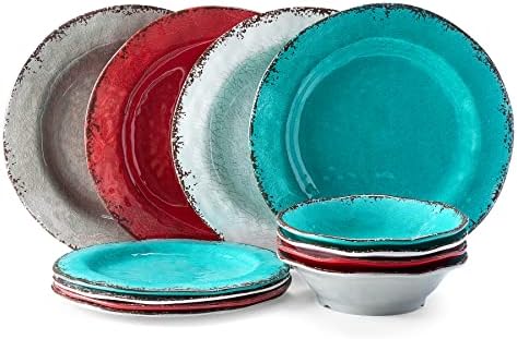 LEHAHA Rustic Melamine Dinnerware Set, 12 Piece Plate and Bowls Set for 4 - Image 2