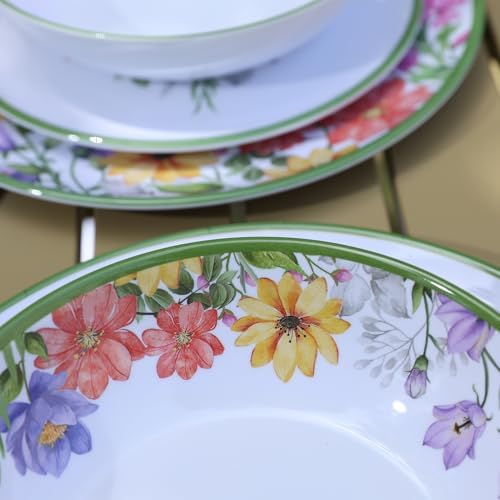 12-Piece Floral Melamine Dinnerware Sets, Green Camping Dishes Set - Image 7