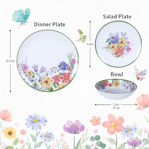 12-Piece Floral Melamine Dinnerware Sets, Green Camping Dishes Set - Image 2