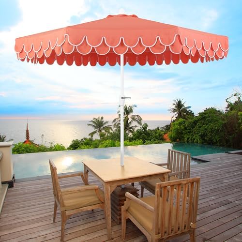 JONATHAN Y Tracy 9' Scalloped Market Patio Umbrella, Coral Red/White - Image 2