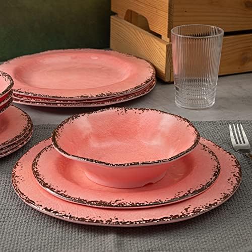 LEHAHA Pink Vintage Melamine Dinnerware Sets, Farmhouse RV Dishes Set for 4 - Image 4
