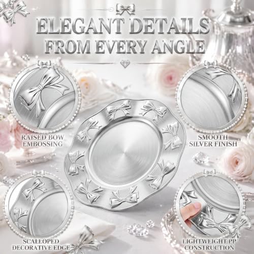 Havawish 8 Pcs 13 Inch Charger Plates, Decorative Round Dinner Plates with Bow Edge Embossed Rim for Wedding Party, Thanksgiving, Home Kitchen, Banquet Table Setting (Silver) - Image 4
