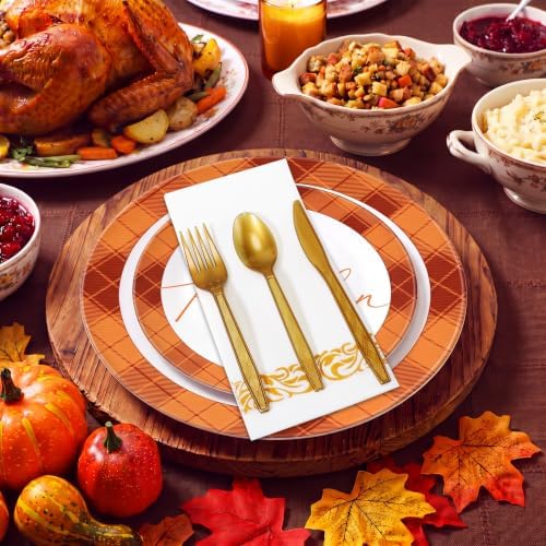 175 Pcs Rosh Hashanah Fall Plastic Dinnerware Set, Plaid, Orange - Image 4