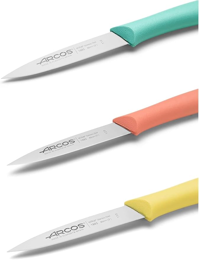 Arcos Paring Knife Set of 3 Pieces 4 Inch Stainless Steel. Colorful Kitchen Knives for Peeling Fruits and Vegetables. Ergonomic Polypropylene Handle. Series Nova. Color Orange, Yellow and Blue.