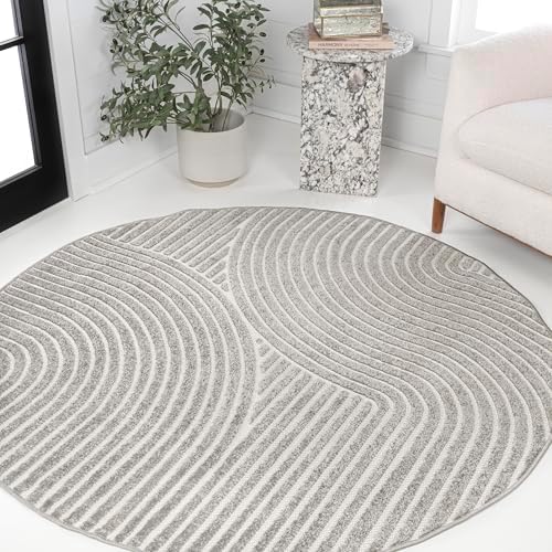 JONATHAN Y Hallie High-Low Curve Gray/Ivory 8' Round Indoor/Outdoor Area Rug, Minimalist, Pet Friendly, Non-Shedding, Stain Resistant, Hose-Washable for Backyard, Patio, Porch (SCN100A-8R) - Image 3