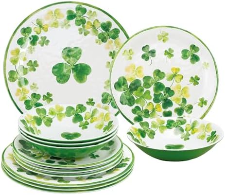 UPware 12 Piece Shamrocks Melamine Dinnerware Sets, Outdoor Dishes Set, Plates and Bowls Sets, St. Patrick's Day Decorations, Service for 4, Green by UPware