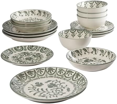 Bloomhouse - 2-Time Oprah’s Favorite Things - Valencia Flor 16 Piece Dinnerware Set, Artisanal Decorated Stoneware Plates & Bowls, Service for 4, Microwave & Dishwasher Safe, Fern Green - Image 5