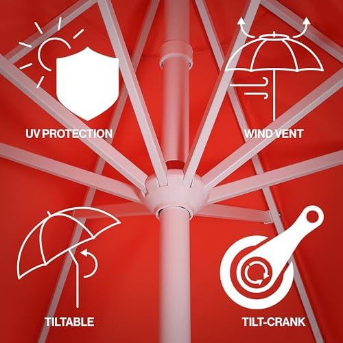 JONATHAN Y Tracy 9' Scalloped Market Patio Umbrella, Coral Red/White - Image 3
