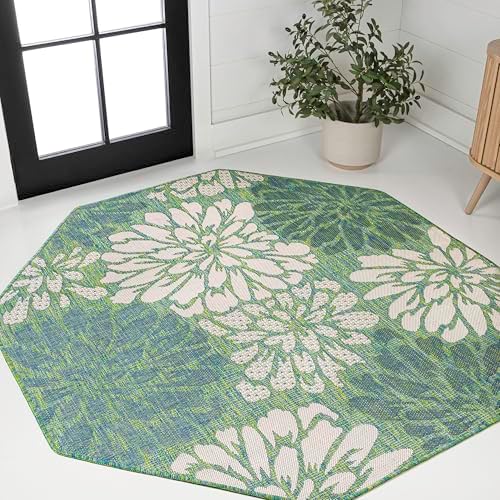 JONATHAN Y Floral Textured Weave Indoor Outdoor Octagon Area Rug 5 Ft Cream/Green, Zinnia Modern for Backyard, Patio, Porch, Easy-Cleaning, High Traffic, Pet-Friendly, Non-Shedding (SMB110D-5TGN) by JONATHANY