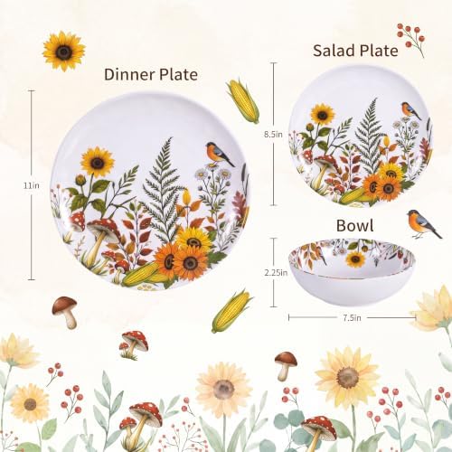 12-Piece Melamine Dinnerware - Sunflower Bird Plates and Bowls Set - Image 2