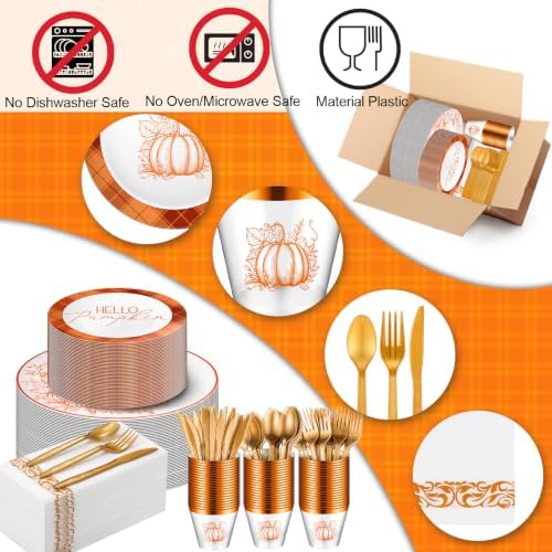 175 Pcs Rosh Hashanah Fall Plastic Dinnerware Set, Plaid, Orange - Image 3