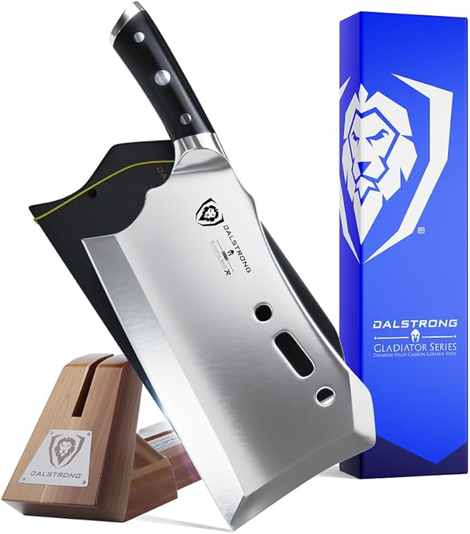 Dalstrong Obliterator Meat & Veggie Cleaver Knife - 9 inch - Gladiator Series R - Wood Stand & Sheath Cover - Razor Sharp Heavy Duty Bone Chopper- 3lbs 6mm Thick - 7CR17MOV Carbon Steel - G10 Handle