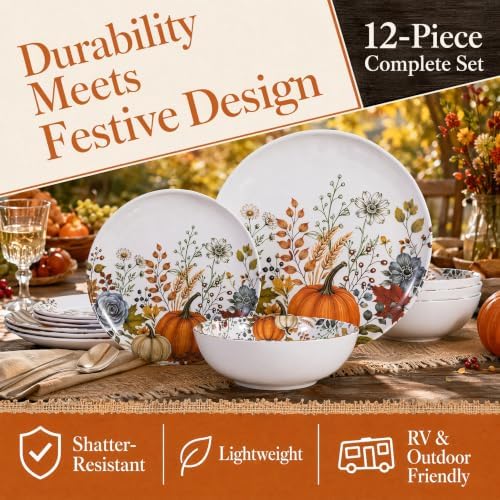 12pcs Melamine Dinnerware Set - Fall Pumpkin Plates and Bowls for RV - Image 7
