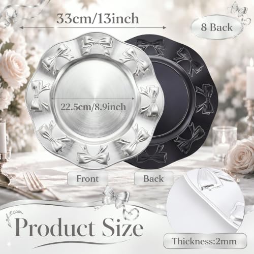 Havawish 8 Pcs 13 Inch Charger Plates, Decorative Round Dinner Plates with Bow Edge Embossed Rim for Wedding Party, Thanksgiving, Home Kitchen, Banquet Table Setting (Silver) - Image 2