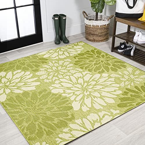 JONATHAN Y Floral Textured Weave Indoor Outdoor Square Area Rug 5X5 Green/Cream, Zinnia Modern for Backyard, Patio, Porch, Easy-Cleaning, High Traffic, Pet-Friendly, Non-Shedding (SMB110H-5SQ) by JONATHANY