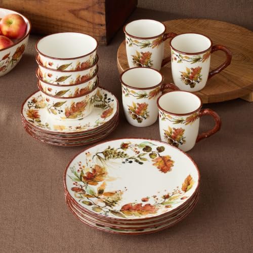 Autumn Meadows 16-Piece DINNERWARE SET, SERVICE for 4 — Complete harvest table artistry for four, uniting hand-painted botanicals, warm russet rims, and the golden glow of the season. - Image 6