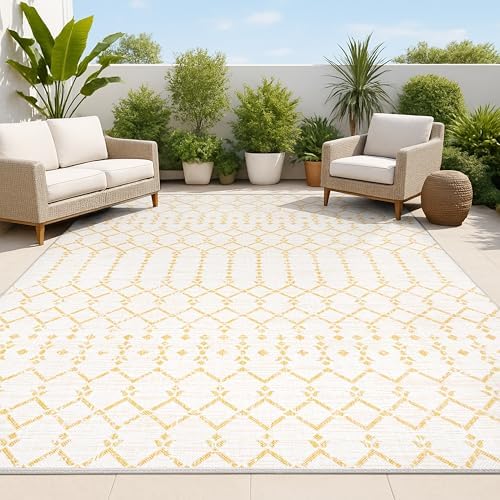 JONATHAN Y Moroccan Geometric Indoor Outdoor Area Rug 9X12 Cream/Yellow, Ourika Textured Weave for Backyard, Patio, Porch, Easy-Cleaning, High Traffic, Pet-Friendly, Non-Shedding (SMB108J-9) by JONATHANY