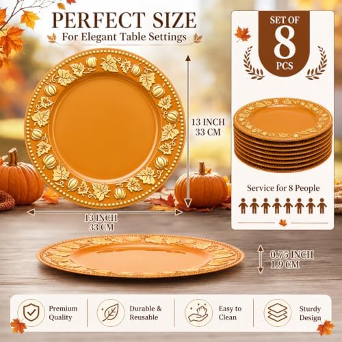 Havawish 8 Pcs 13 Inch Orange Charger Plates with Pumpkin & Fall Leaf Edge - Image 2