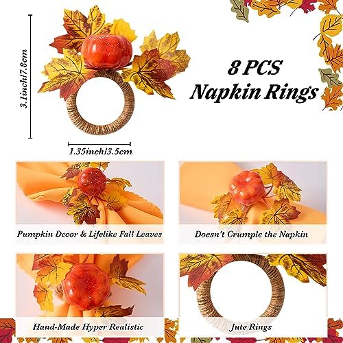 Fall Thanksgiving Decorations Set of 16, Fall Cloth Napkins & Napkin Rings - Image 3