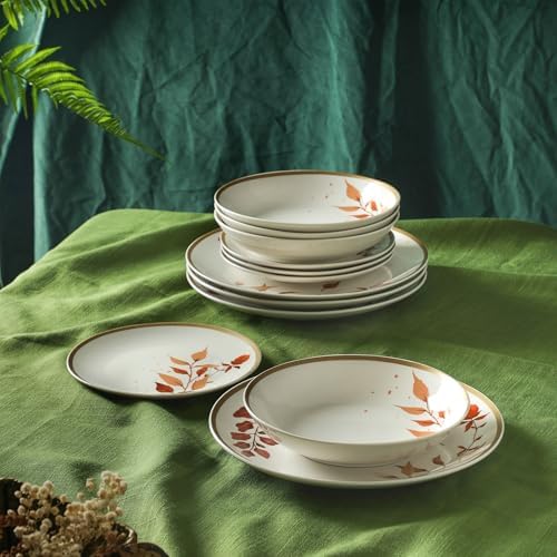 Stone Lain Maple 12-Piece Dinnerware Set Porcelain, Plates and Bowls Set, Dishwasher and Microwave Safe, Dish Set for 4, White - Image 4
