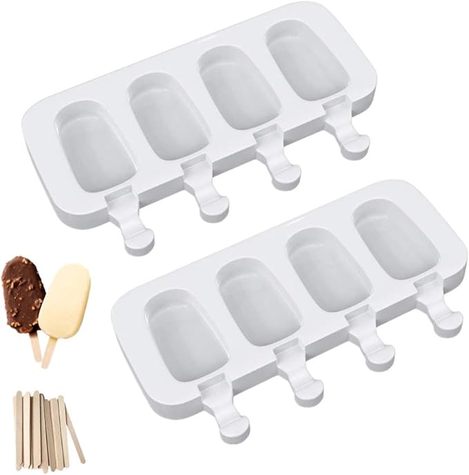 Ouddy Life Popsicle Molds Set of 2, Ice Pop Molds Silicone 4 Cavities Ice Cream Oval Cake Pop Mold with 50 Wooden Sticks for DIY Popsicle, Clear