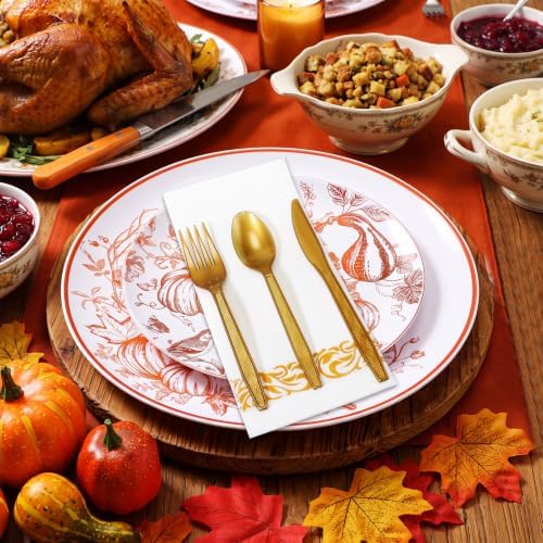 175 Pcs Rosh Hashanah Fall Plastic Dinnerware Set, Pumpkin, Orange - Image 4