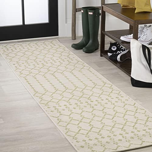 JONATHAN Y Moroccan Geometric Indoor Outdoor Runner Rug 2X8 Cream/Green, Ourika Textured Weave for Backyard, Patio, Porch, Easy-Cleaning, High Traffic, Pet-Friendly, Non-Shedding (SMB108M-28) by JONATHANY